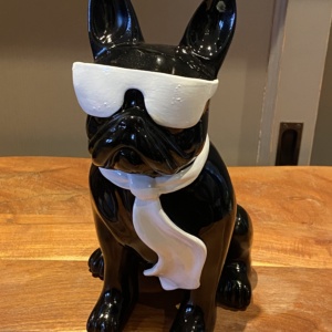 Bulldog zit met bril en stopdas