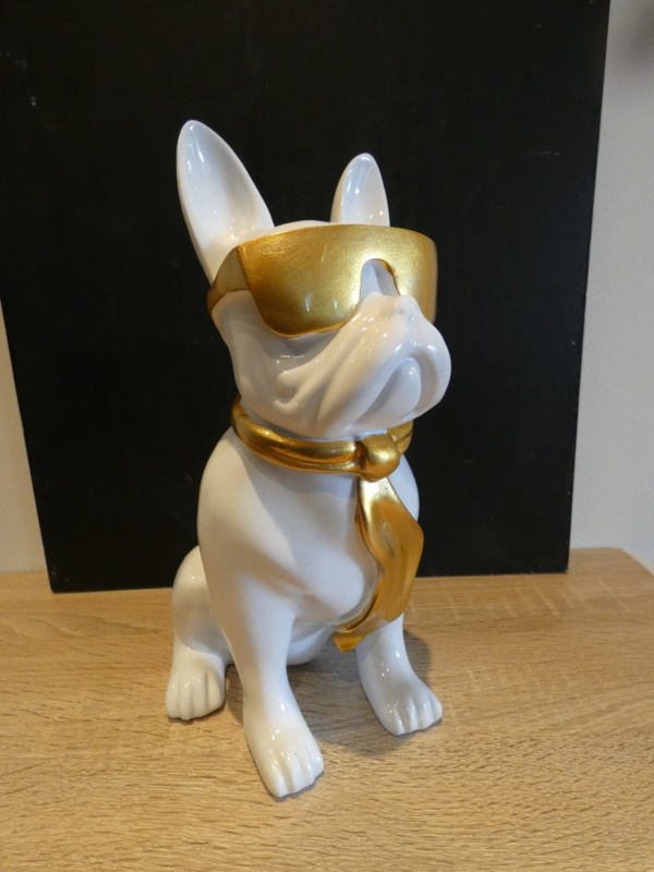 Franse Bulldog Zit met bril Wit/Goud